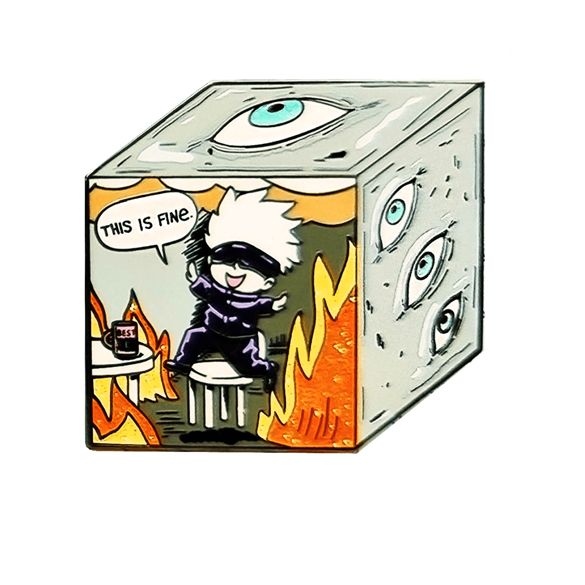 This Is Fine Prism Cube enamel pin by Pinbuds