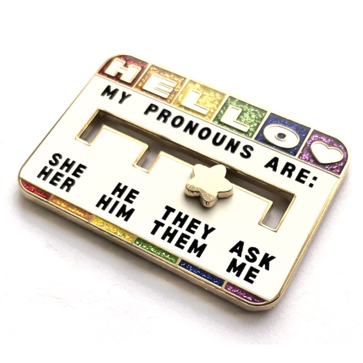 Pronoun Slider enamel pin, gold plating