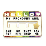 Pronoun Slider enamel pin, designed in Sydney