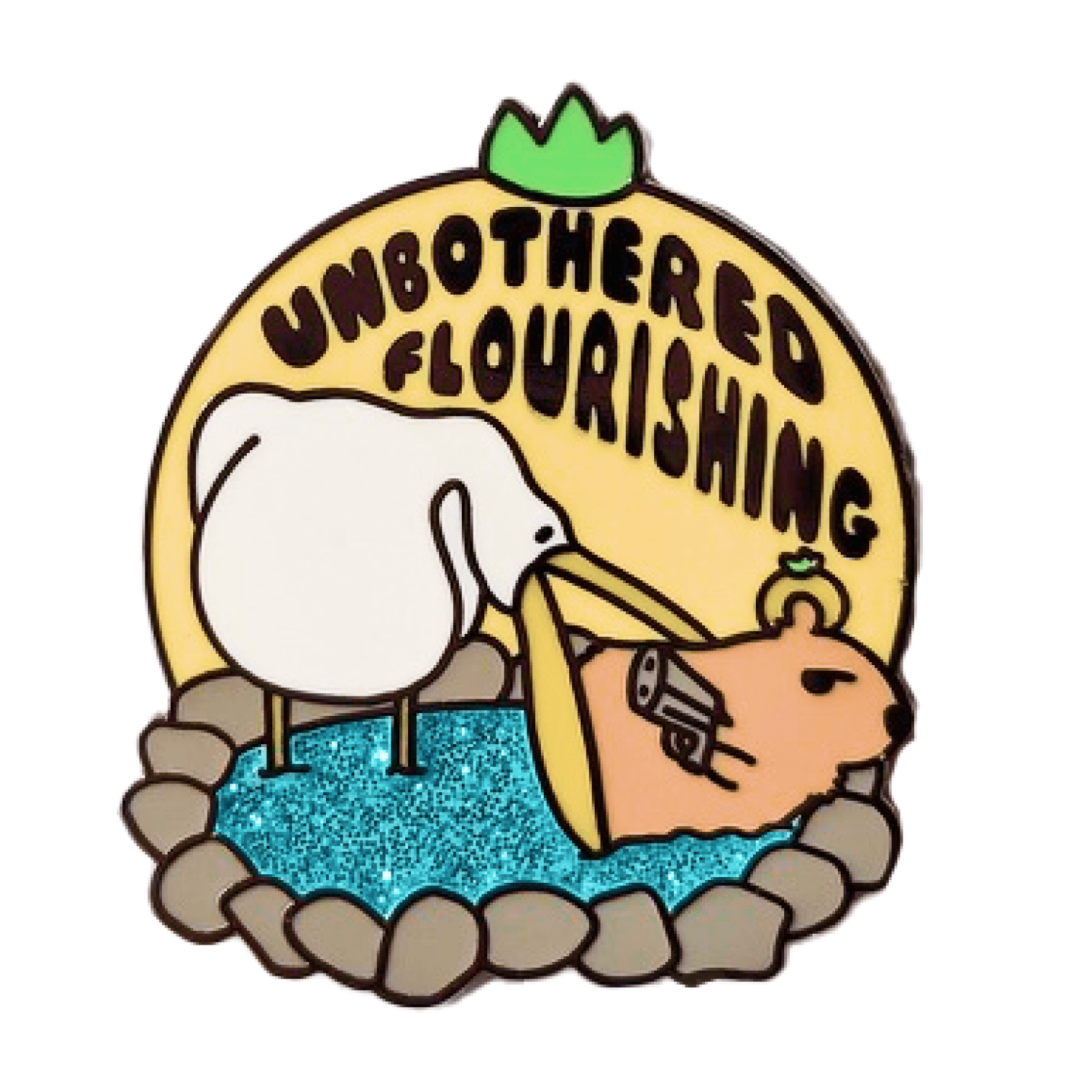 Pinbuds Enamel pin Unbothered flourishing capybara with a a gun enamel pin