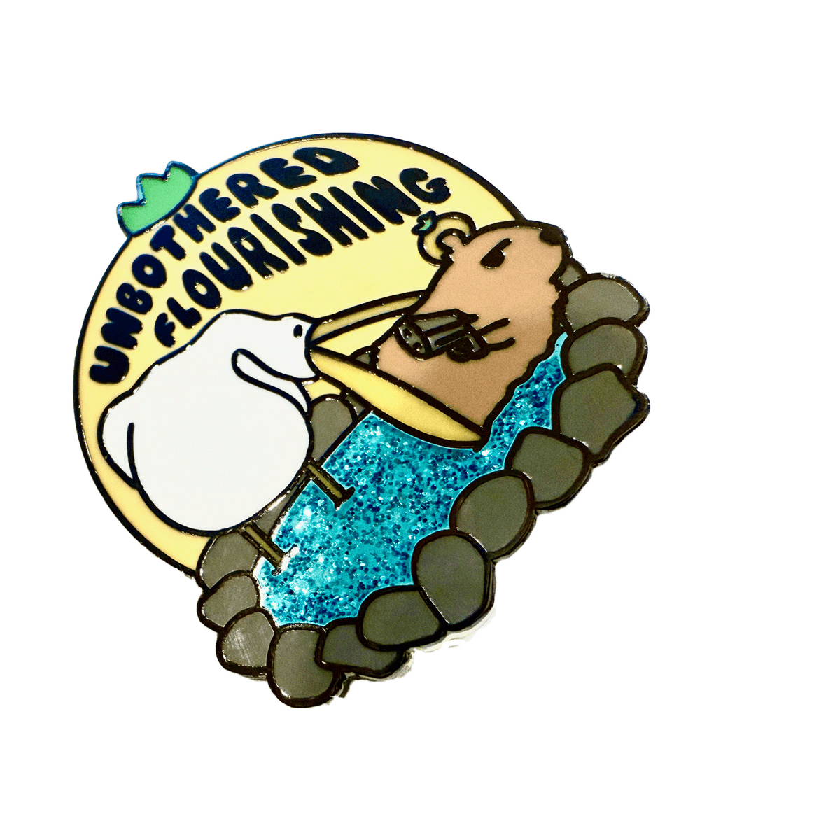 Unbothered Capybara with a Gun enamel pin, black plating