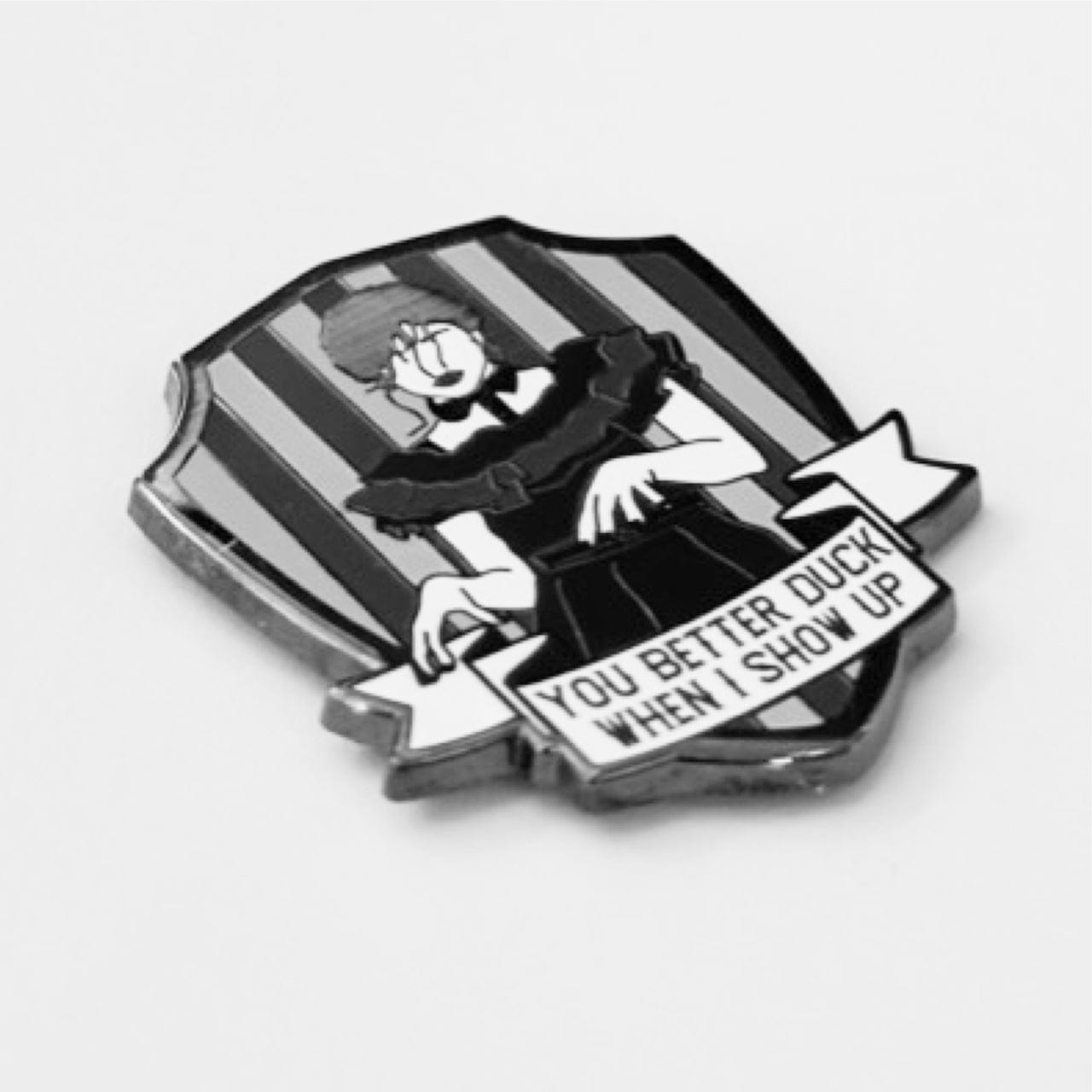 Pinbuds Enamel pin Wednesday dance pin featuring lyric "You better duck when i show up"