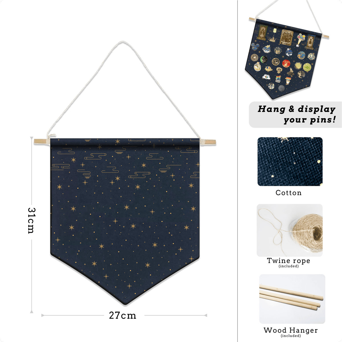 Pin Display Banner with Wood Hanger - Navy Sky, designed in Sydney