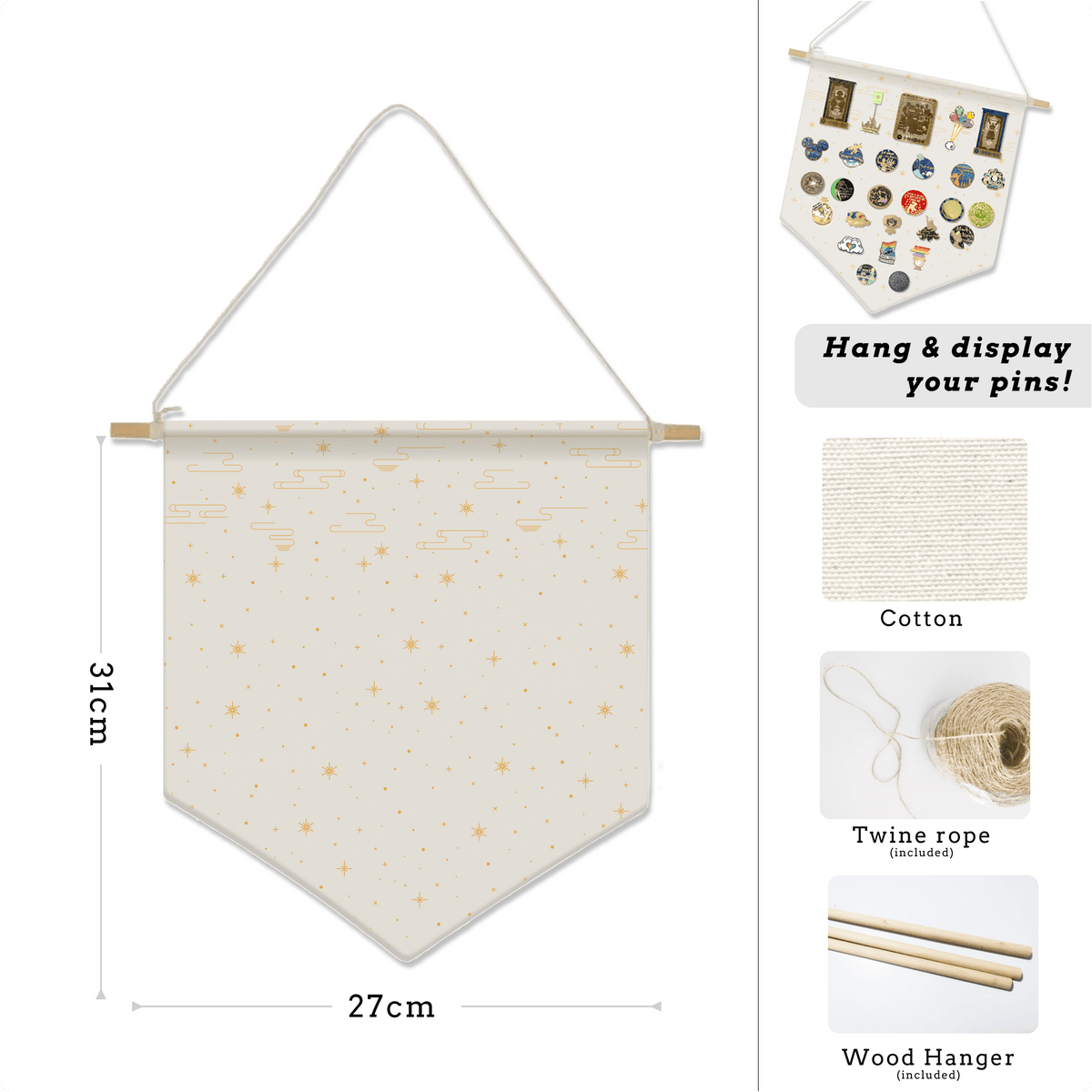 Pin Display Banner with Wood Hanger - White Sky, designed in Sydney