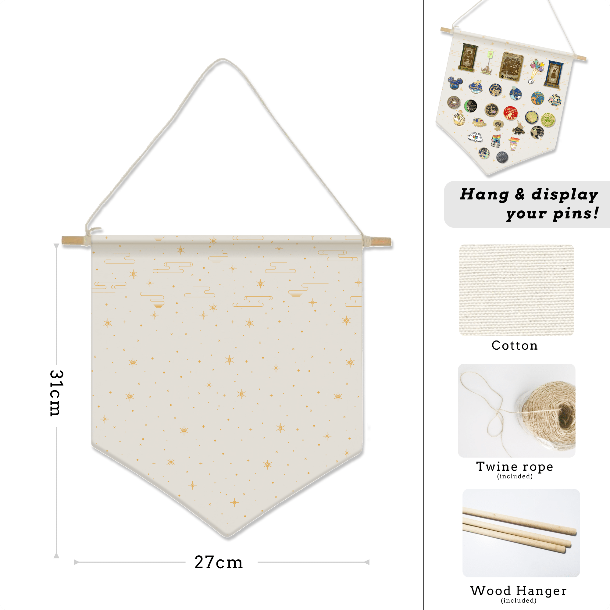 pinbuds Pin Display Pin Display Banner with Wood Hanger - White Sky