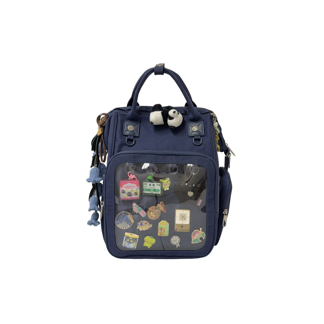 Everyday ITA Bag: 15" Anti-Theft Canvas Laptop Backpack + 2 Pin Inserts - front window full of pins