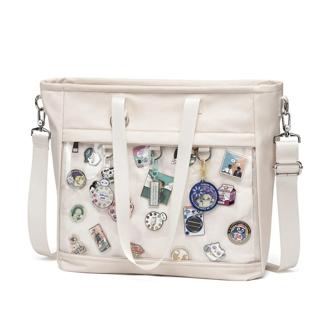 16" 2-Way ITA Tote & Crossbody Bag, Waterproof Oxford Pin Display v5 - front window full of pins