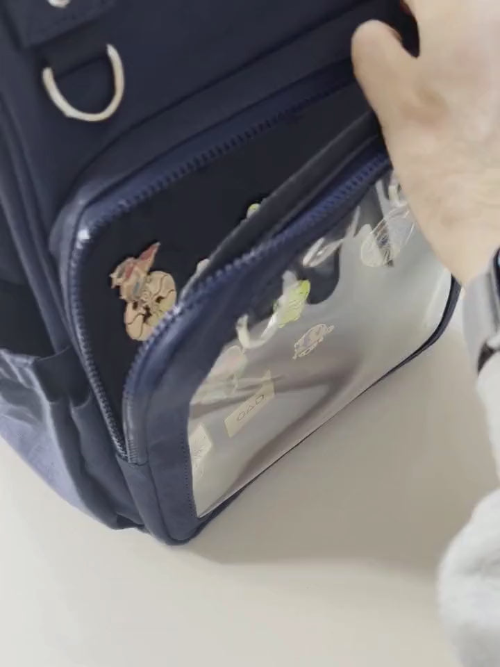 Dual Window ITA backpack 15", navy: two pin inserts, pinned and swapped into the front window