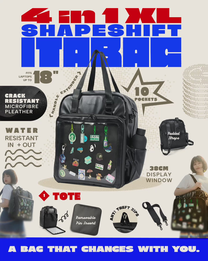 Vegan leather 4-way ITA bag ad: hidden back straps, detachable shoulder strap, 38 cm window and insulated pocket