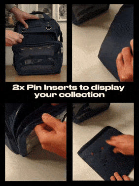 Dual Window ITA backpack 15", navy: two pin inserts, pinned and swapped into the front window
