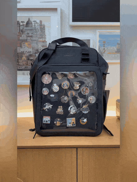 ITA bag: opening the front window to arrange pins and charms