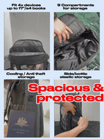 17" 4-Way ITA bag: laptop, devices, bottle and passport packed into the pockets