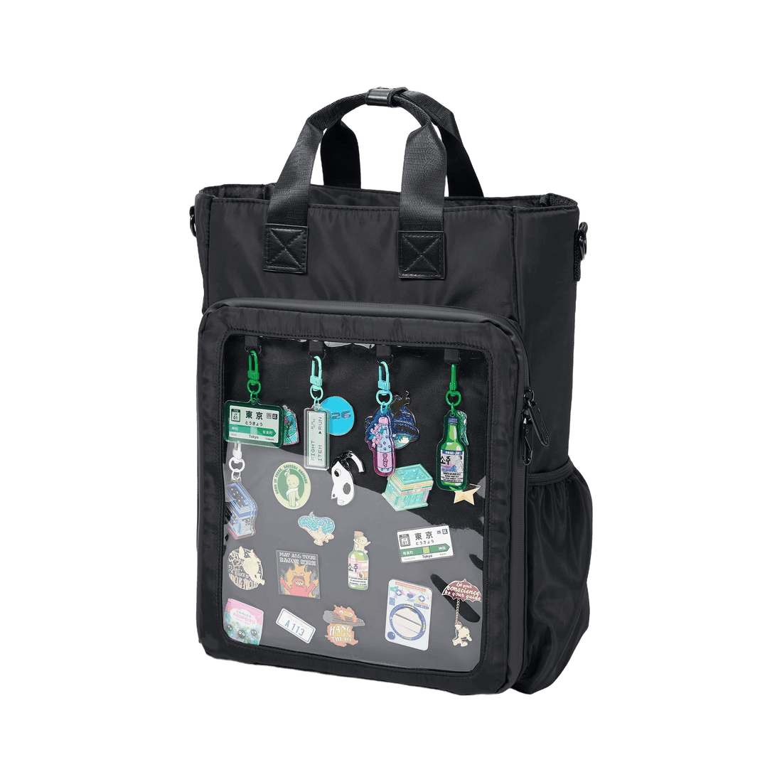 15" 3-Way Shapeshift Backpack V5 Tough Oxford (black) - front window full of pins