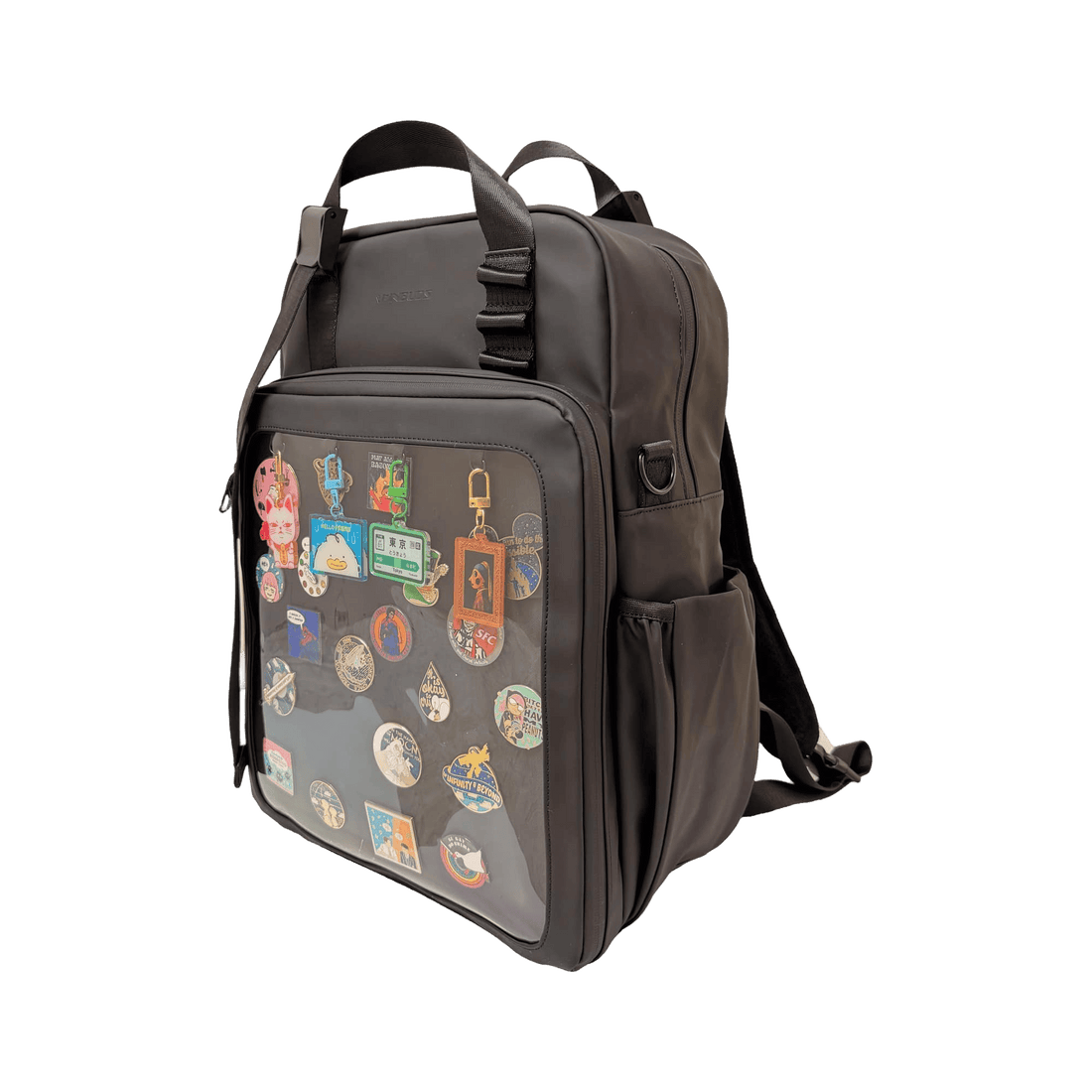 17" 4-Way Water-Resistant Durable ITA Bag (Backpack/Shoulder/Tote/Laptop bag) - front window full of pins
