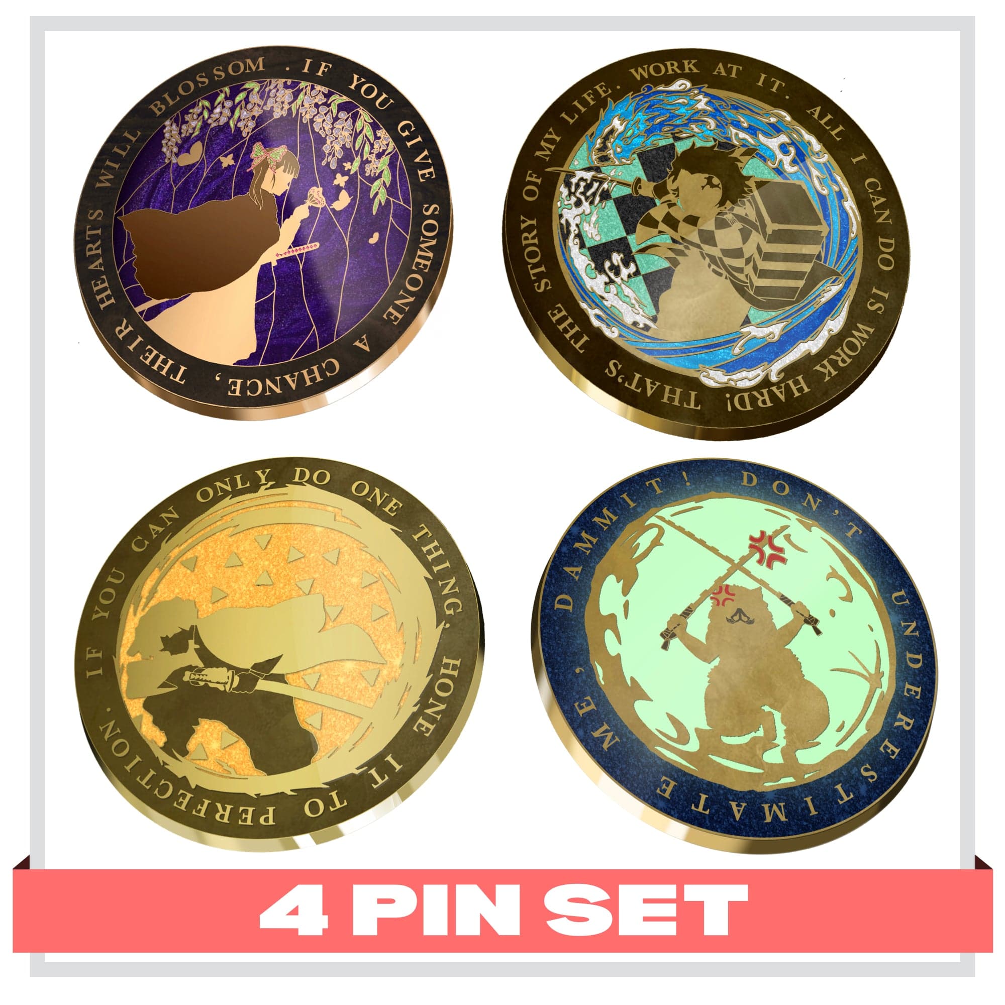 pinbuds 4 Slayer Pin set Flower Breathing Demon Warrior Pin