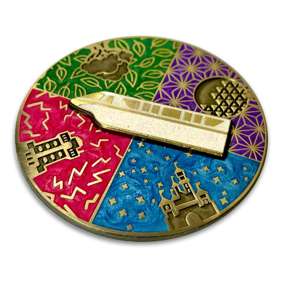 Disneyworld Monorail Spinner enamel pin, antique gold plating