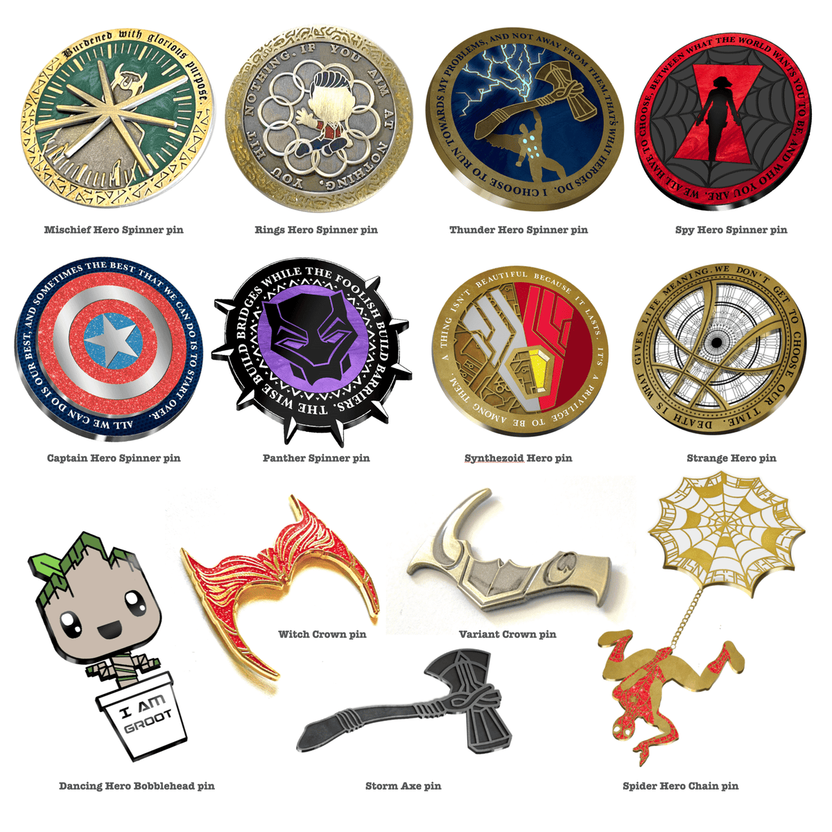 Root Bobblehead enamel pin, chain connected