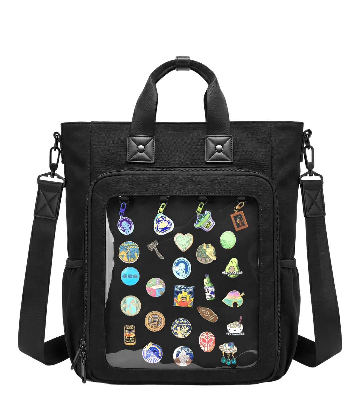 Black Pinbuds 3-way ita bag with enamel pins and charms displayed in its window
