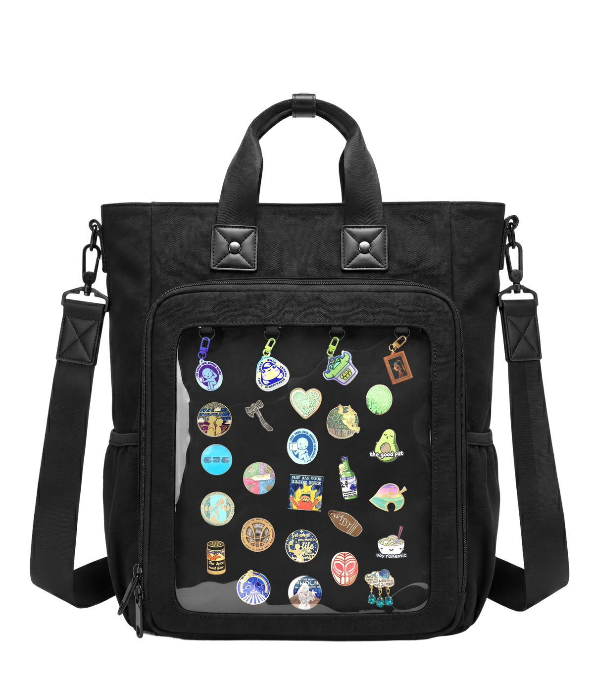 Black Pinbuds 3-way ita bag with enamel pins and charms displayed in its window